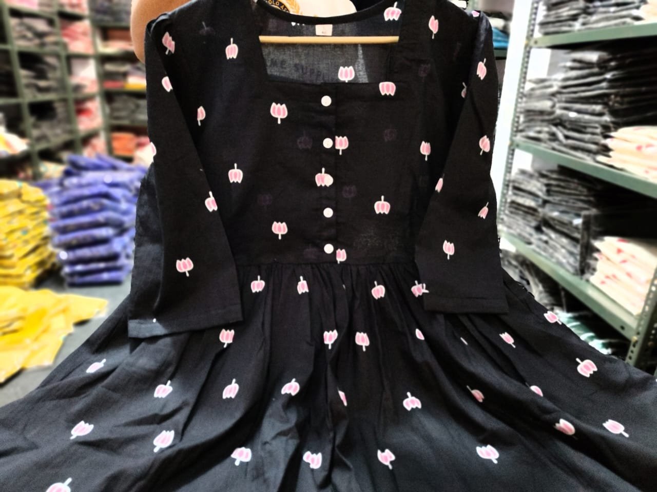 Black Lotus Print Pure Cotton Midi Gown